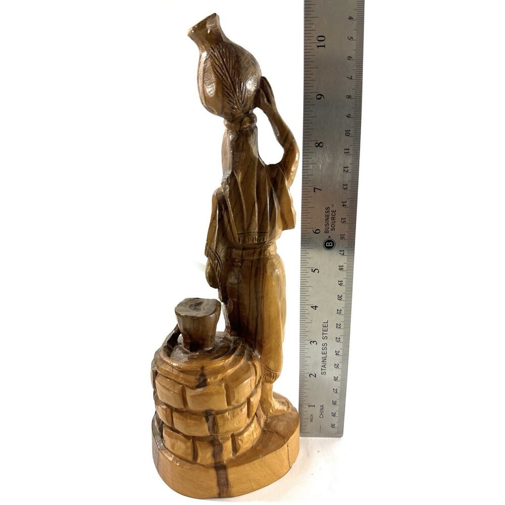 Hand Carved Olive Wood Figurine Woman with Water Jug at Well Folk Art 10.5” - Picture 3 of 6
